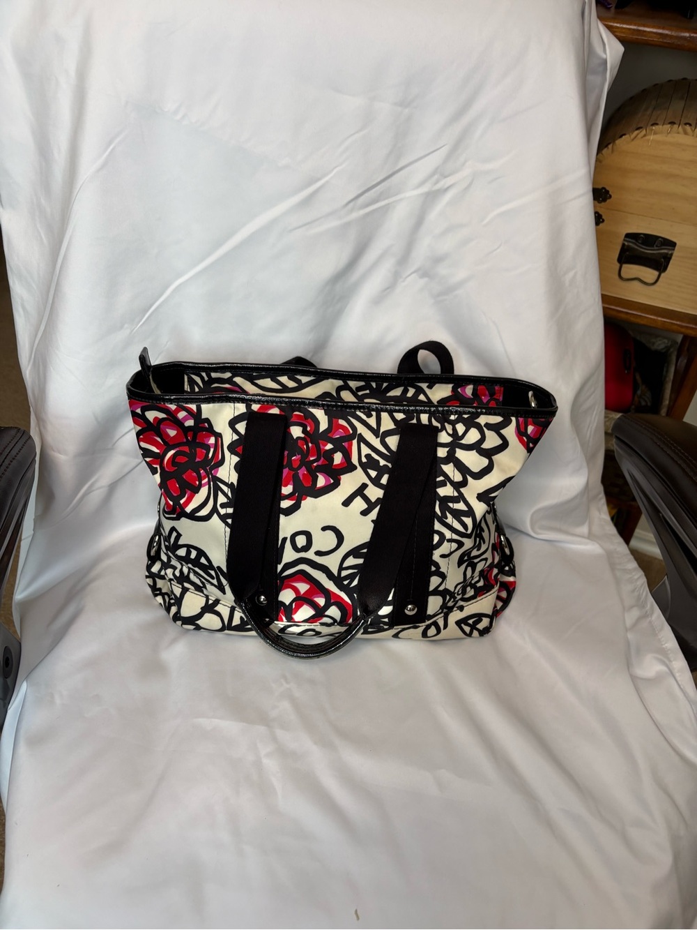 Coach PoppyFloral Tote Bag in White, Black & Red